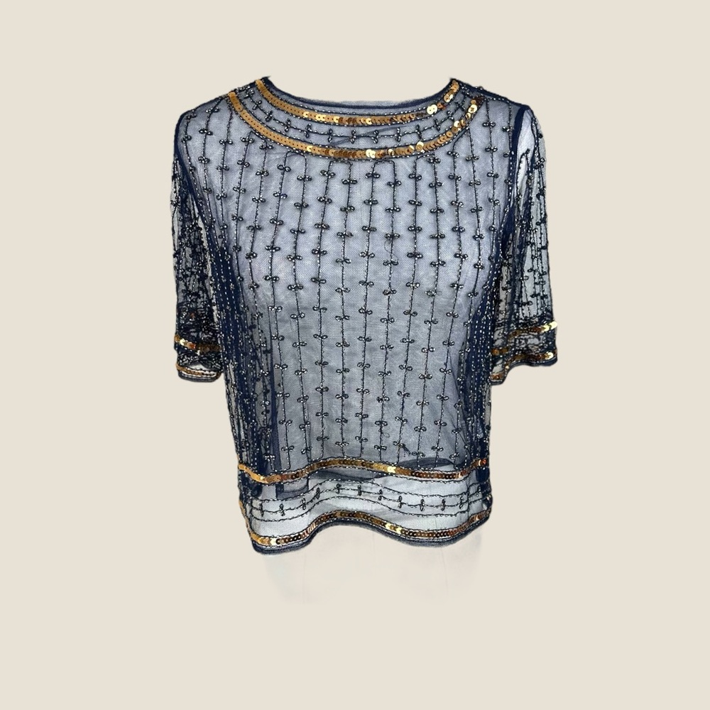 Endless Rose NWT SZ Small navy sheer W beads, sequins and gold accents crop top‎
